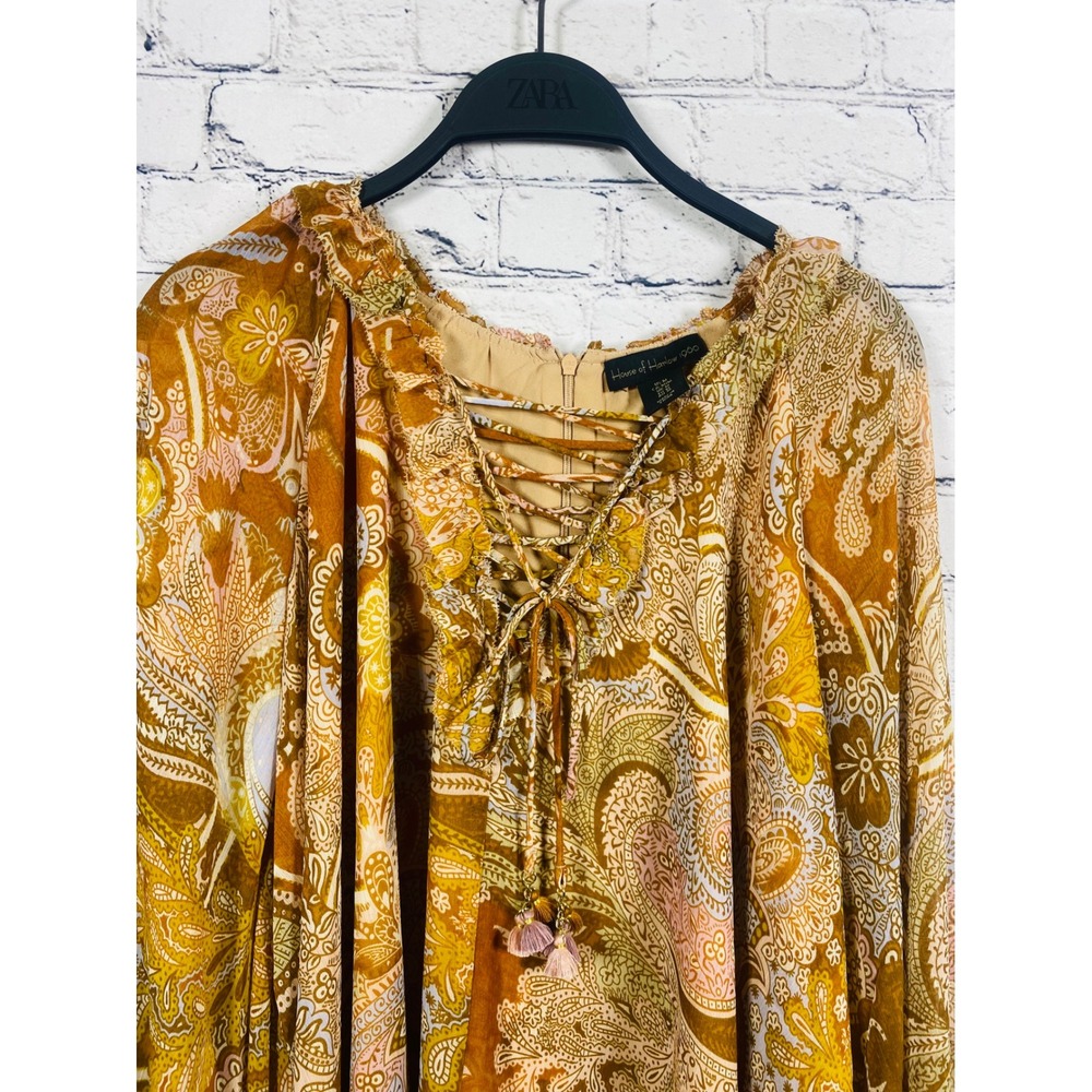 House of Harlow 1960 Dress Womens M Paisley Tassel Lace Up Yellow Excellent - Picture 3 of 10